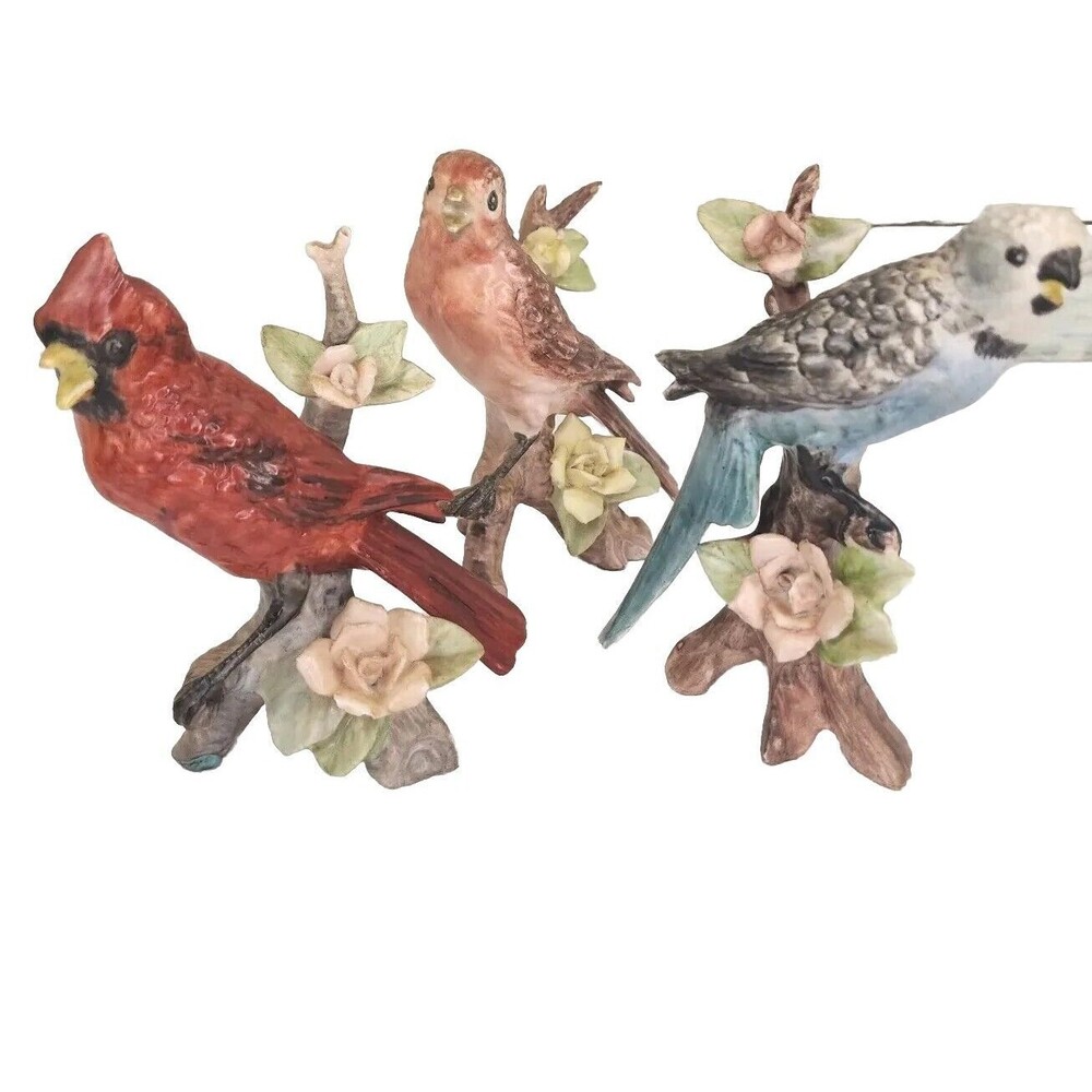 3 Schwabe Bird Figurines Multicolor  Handpainted Cardinal Wren Parakeet Signed - Picture 8 of 16
